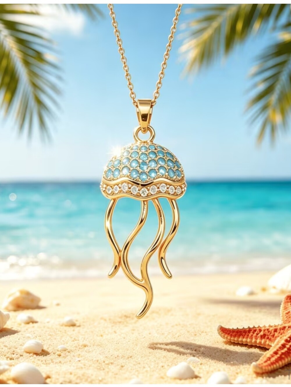 Micro Turquoise Jellyfish necklace, 19". 18k plated